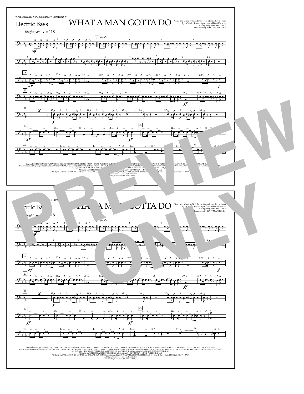 Jonas Brothers What a Man Gotta Do (arr. Tom Wallace) - Electric Bass sheet music notes and chords arranged for Marching Band