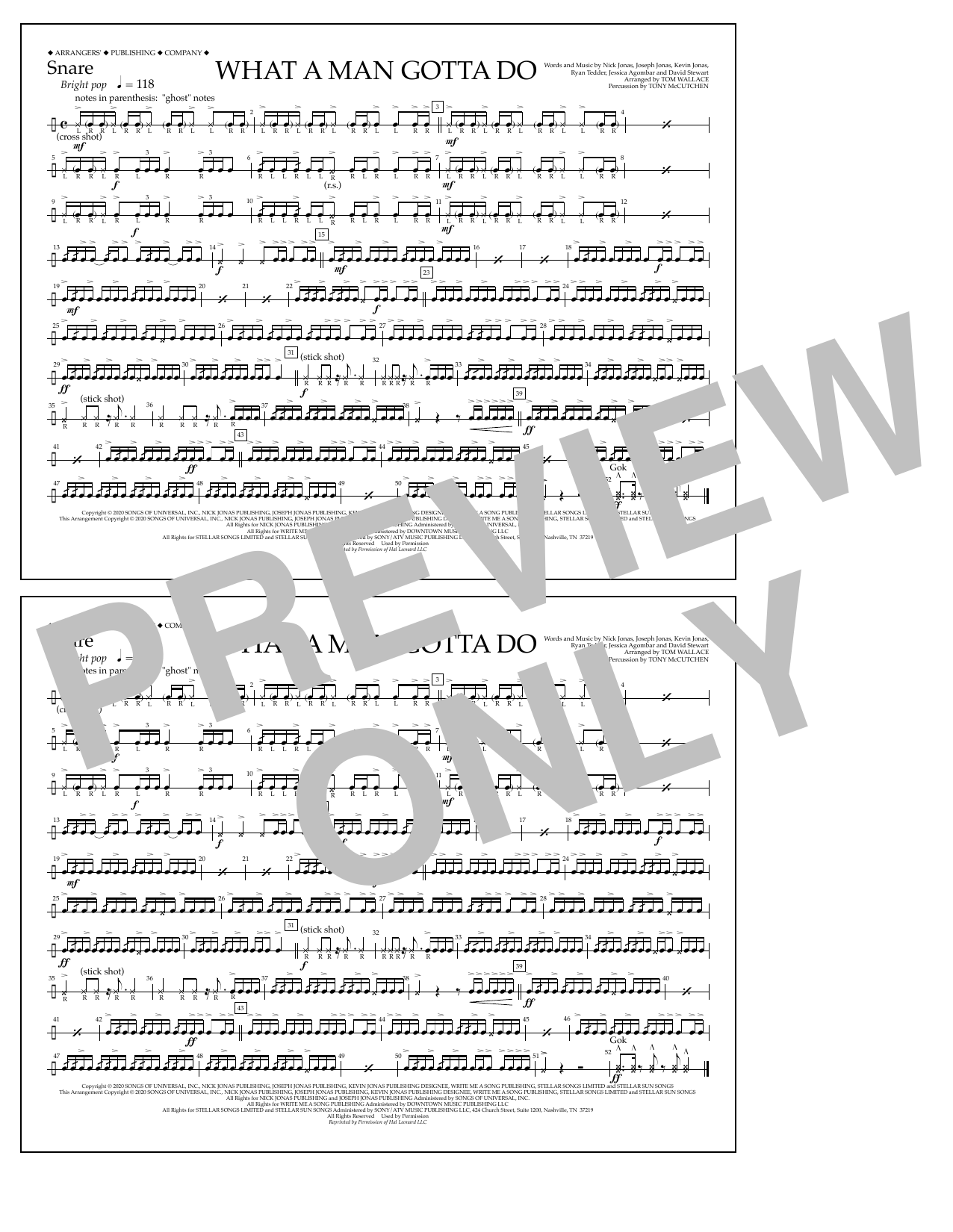 Jonas Brothers What a Man Gotta Do (arr. Tom Wallace) - Snare sheet music notes and chords arranged for Marching Band