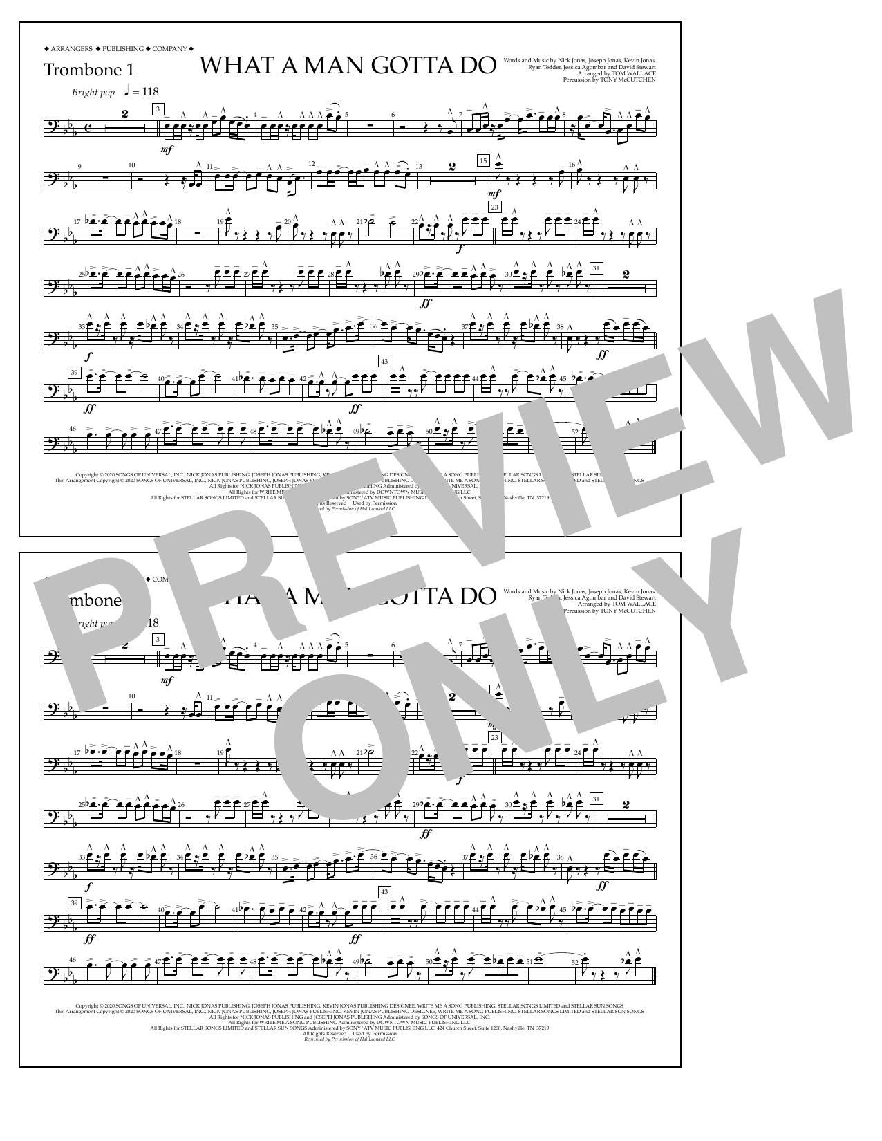 Jonas Brothers What a Man Gotta Do (arr. Tom Wallace) - Trombone 1 sheet music notes and chords arranged for Marching Band