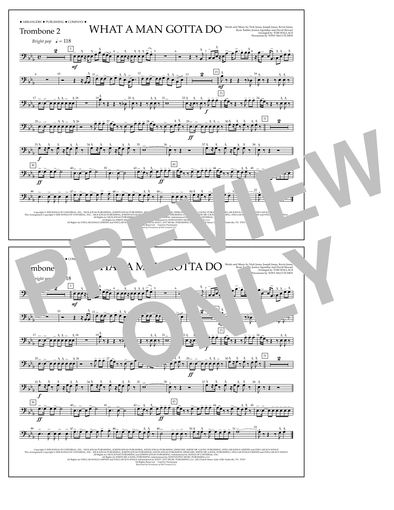 Jonas Brothers What a Man Gotta Do (arr. Tom Wallace) - Trombone 2 sheet music notes and chords arranged for Marching Band