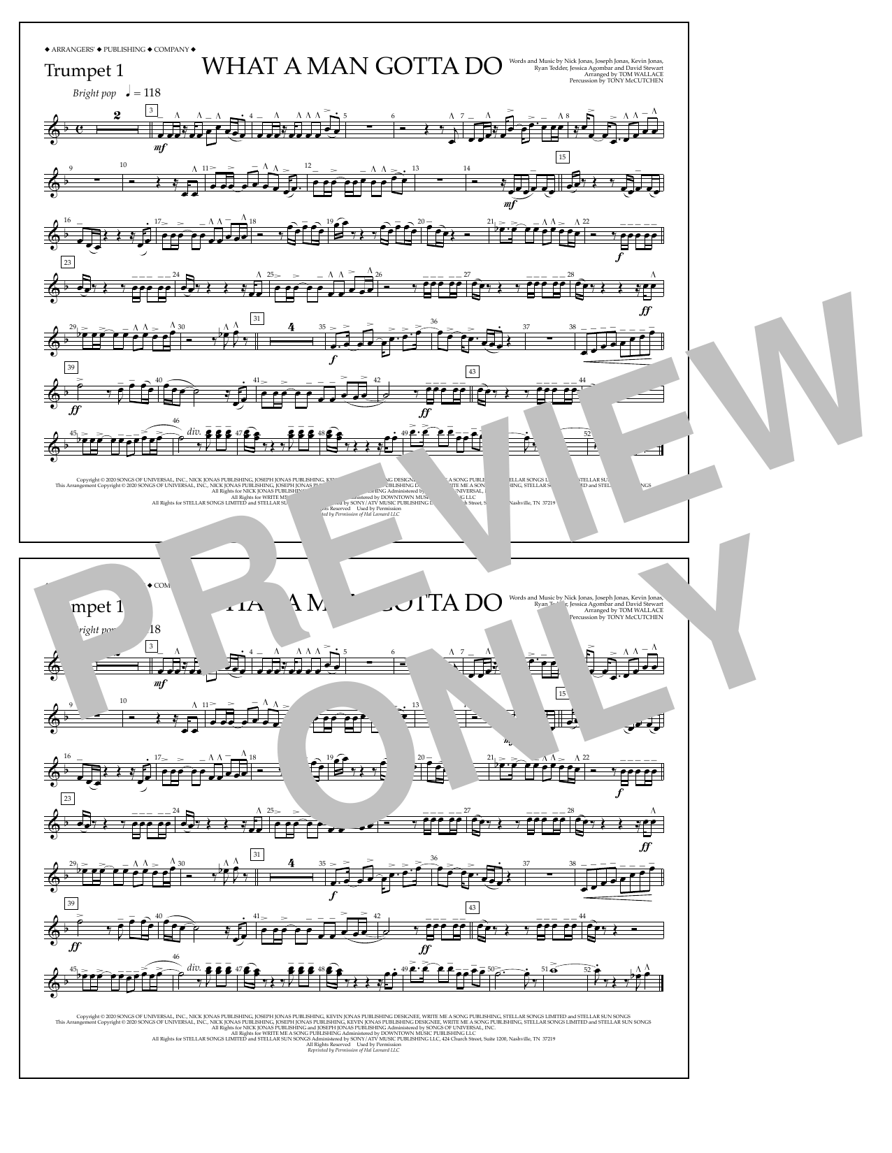 Jonas Brothers What a Man Gotta Do (arr. Tom Wallace) - Trumpet 1 sheet music notes and chords arranged for Marching Band