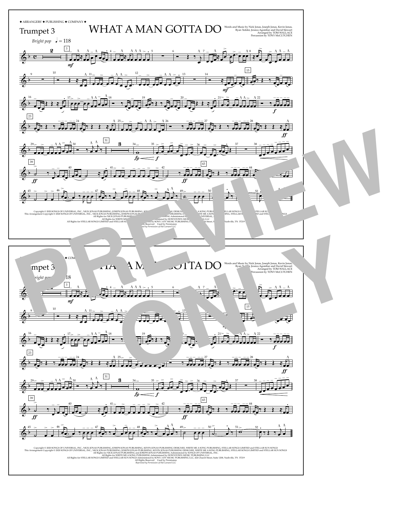 Jonas Brothers What a Man Gotta Do (arr. Tom Wallace) - Trumpet 3 sheet music notes and chords arranged for Marching Band