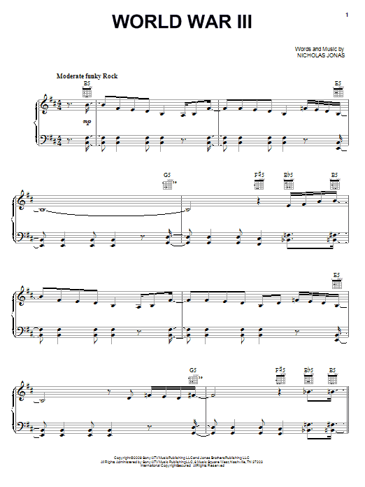 Jonas Brothers World War III sheet music notes and chords arranged for Piano, Vocal & Guitar Chords (Right-Hand Melody)