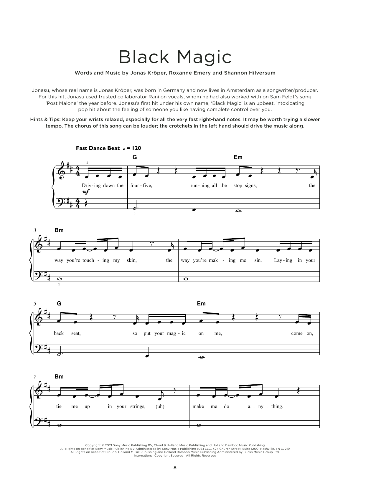 Jonasu Black Magic sheet music notes and chords arranged for Really Easy Piano