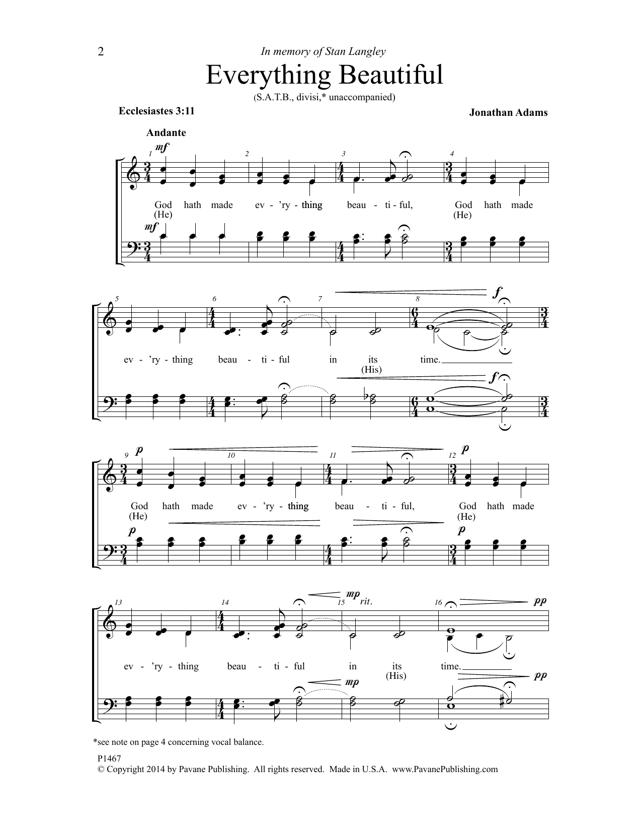 Jonathan Adams Everything Beautiful sheet music notes and chords arranged for SATB Choir