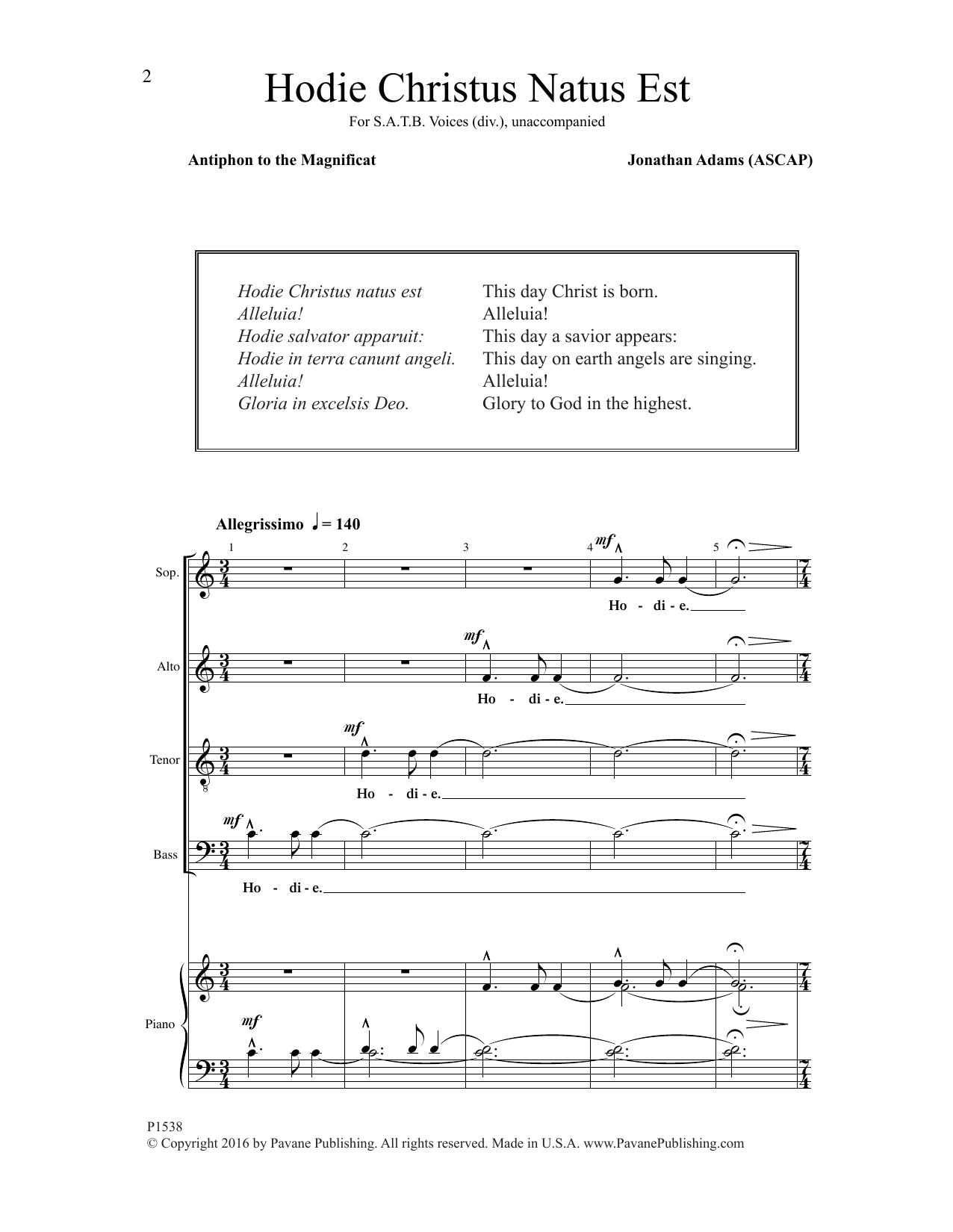 Jonathan Adams Hodie Christus natus est sheet music notes and chords arranged for SATB Choir