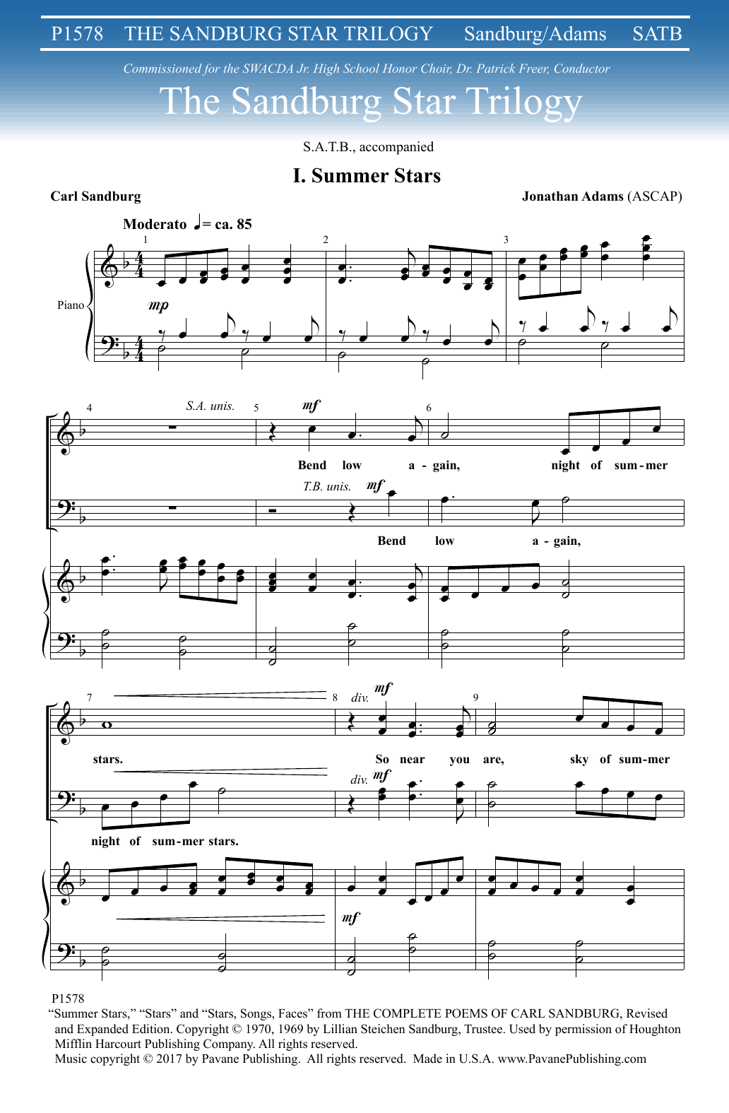 Jonathan Adams The Sandburg Star Trilogy sheet music notes and chords arranged for SATB Choir