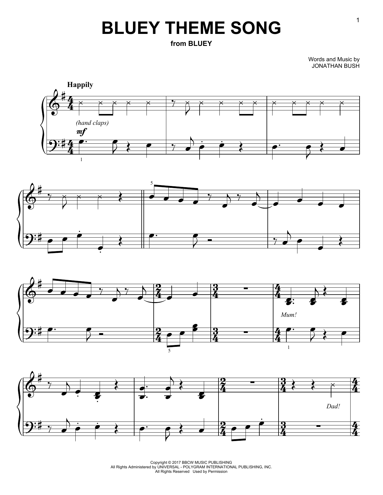 Jonathan Bush Bluey Theme Song sheet music notes and chords arranged for Easy Piano
