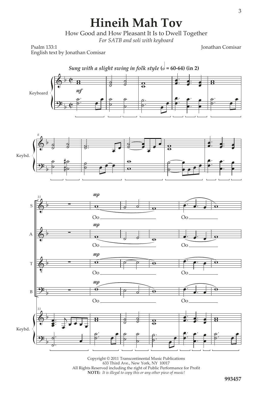Jonathan Comisar Hineih Mah Tov sheet music notes and chords arranged for SATB Choir
