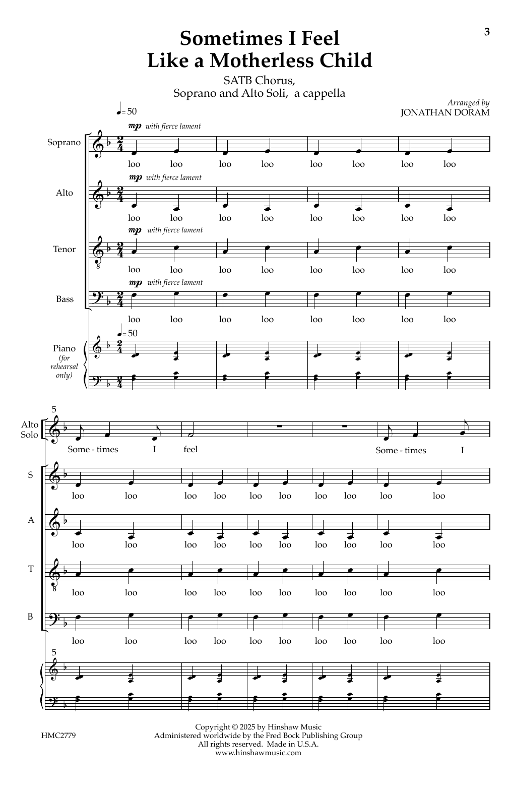 Jonathan Doram Sometimes I Feel like A Motherless Child sheet music notes and chords arranged for SATB Choir