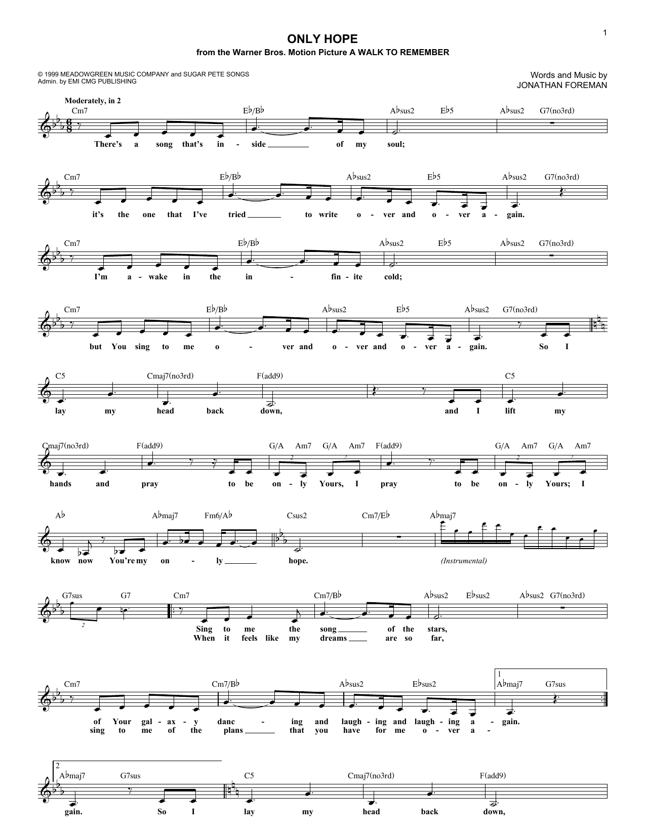 Jonathan Foreman Only Hope sheet music notes and chords arranged for Lead Sheet / Fake Book
