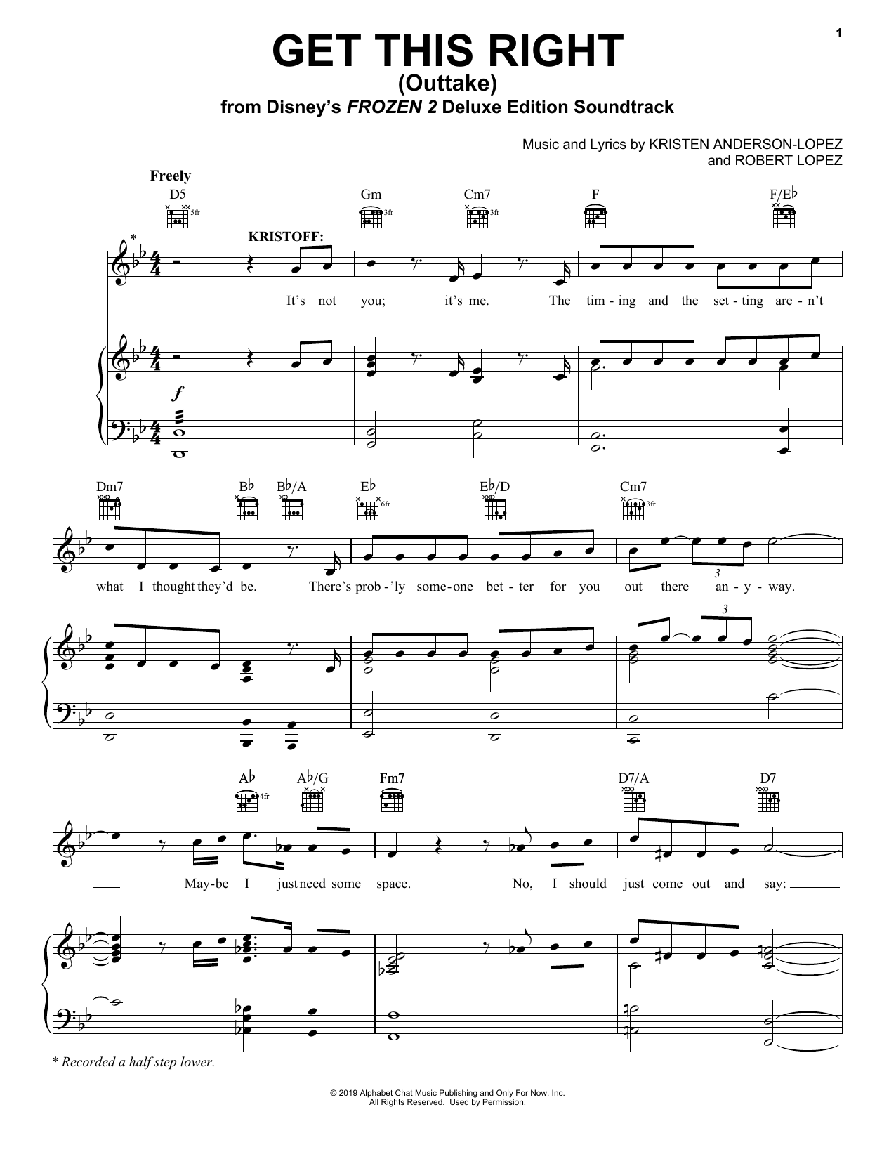 Jonathan Groff & Kristen Bell Get This Right - Outtake (from Disney's Frozen 2) sheet music notes and chords arranged for Piano, Vocal & Guitar Chords (Right-Hand Melody)
