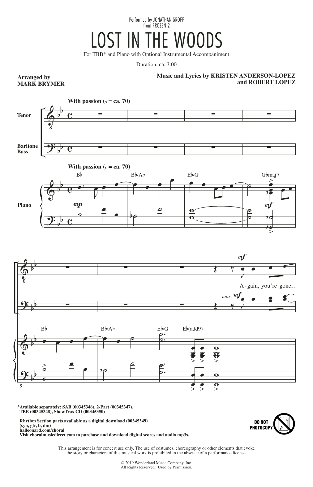 Jonathan Groff Lost In The Woods (from Disney's Frozen 2) (arr. Mark Brymer) sheet music notes and chords arranged for 2-Part Choir