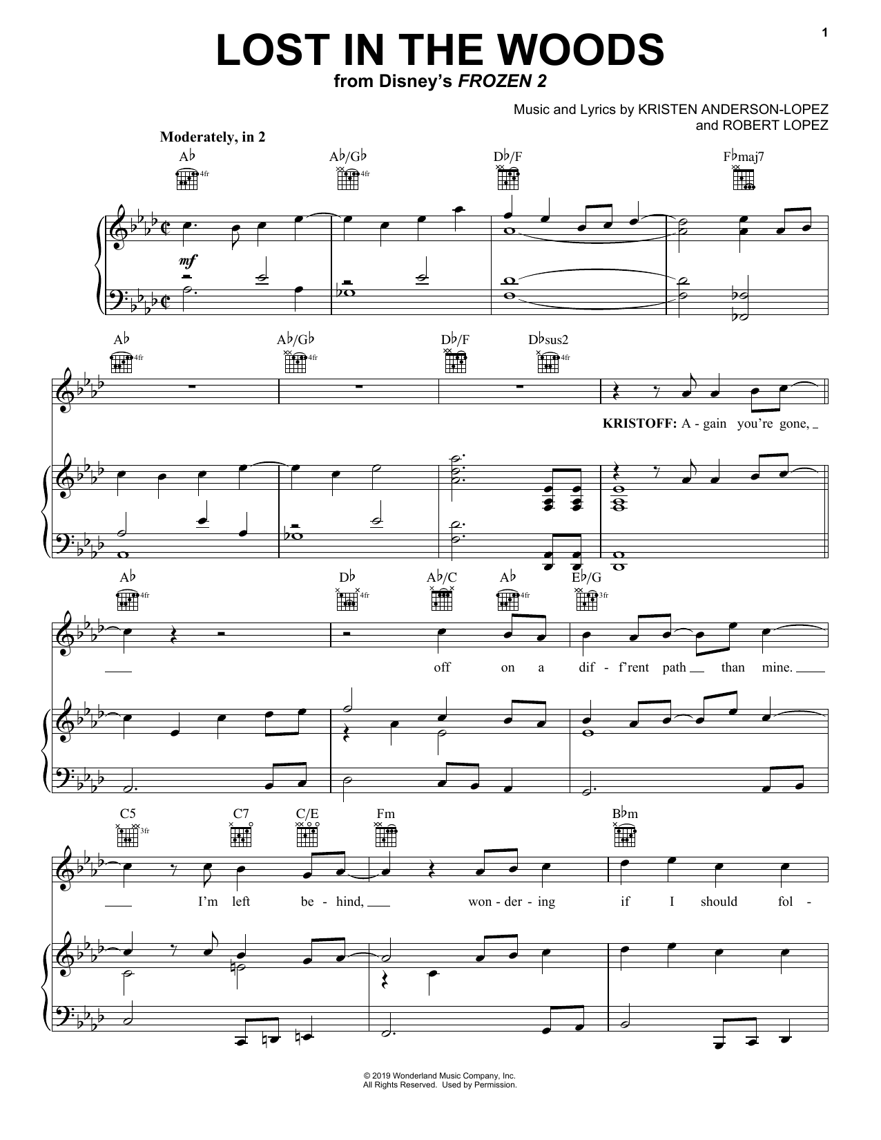 Jonathan Groff Lost In The Woods (from Disney's Frozen 2) sheet music notes and chords arranged for Piano & Vocal