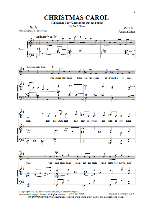 Jonathan Jensen Christmas Carol (The Kings They Came Out From The South) sheet music notes and chords arranged for 2-Part Choir