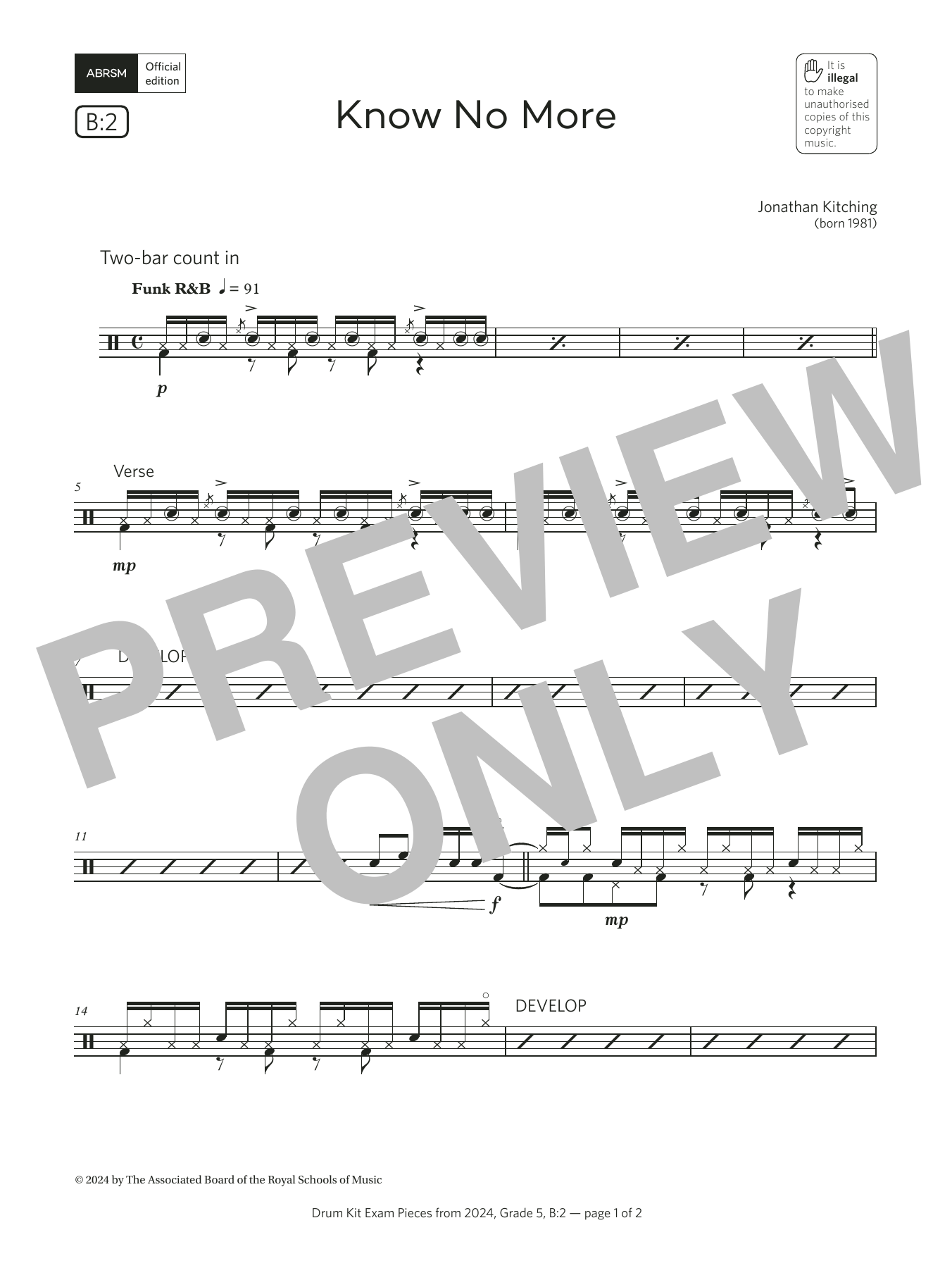 Jonathan Kitching Know No More (Grade 5, list B2, from the ABRSM Drum Kit Syllabus 2024) sheet music notes and chords arranged for Drums