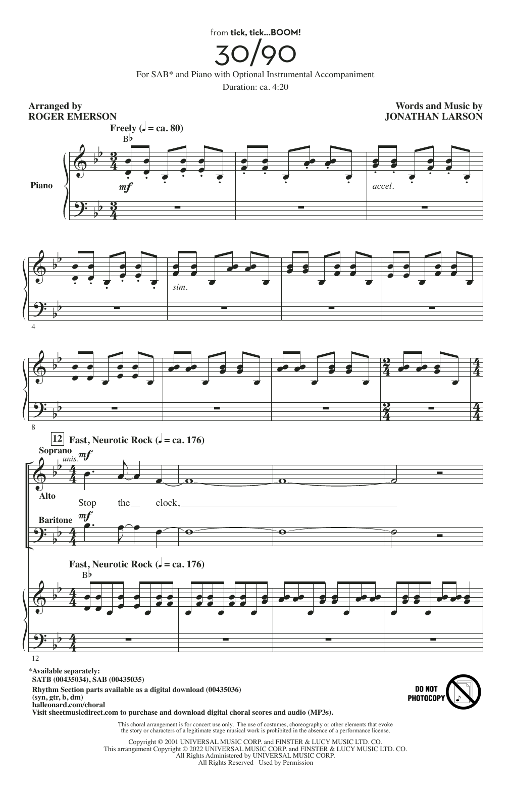 Jonathan Larson 30/90 (from tick, tick... BOOM!) (arr. Roger Emerson) sheet music notes and chords arranged for SAB Choir