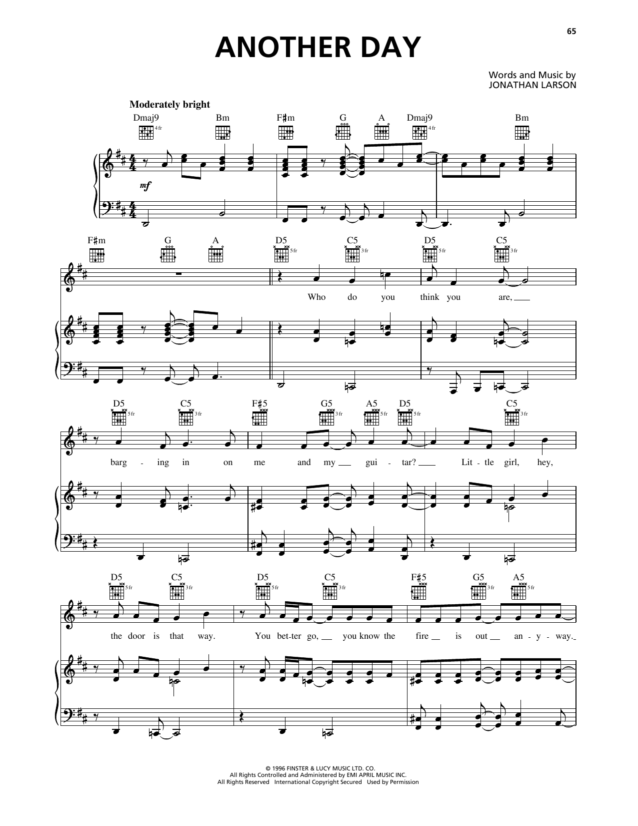 Jonathan Larson Another Day (from Rent) sheet music notes and chords arranged for Piano, Vocal & Guitar Chords (Right-Hand Melody)