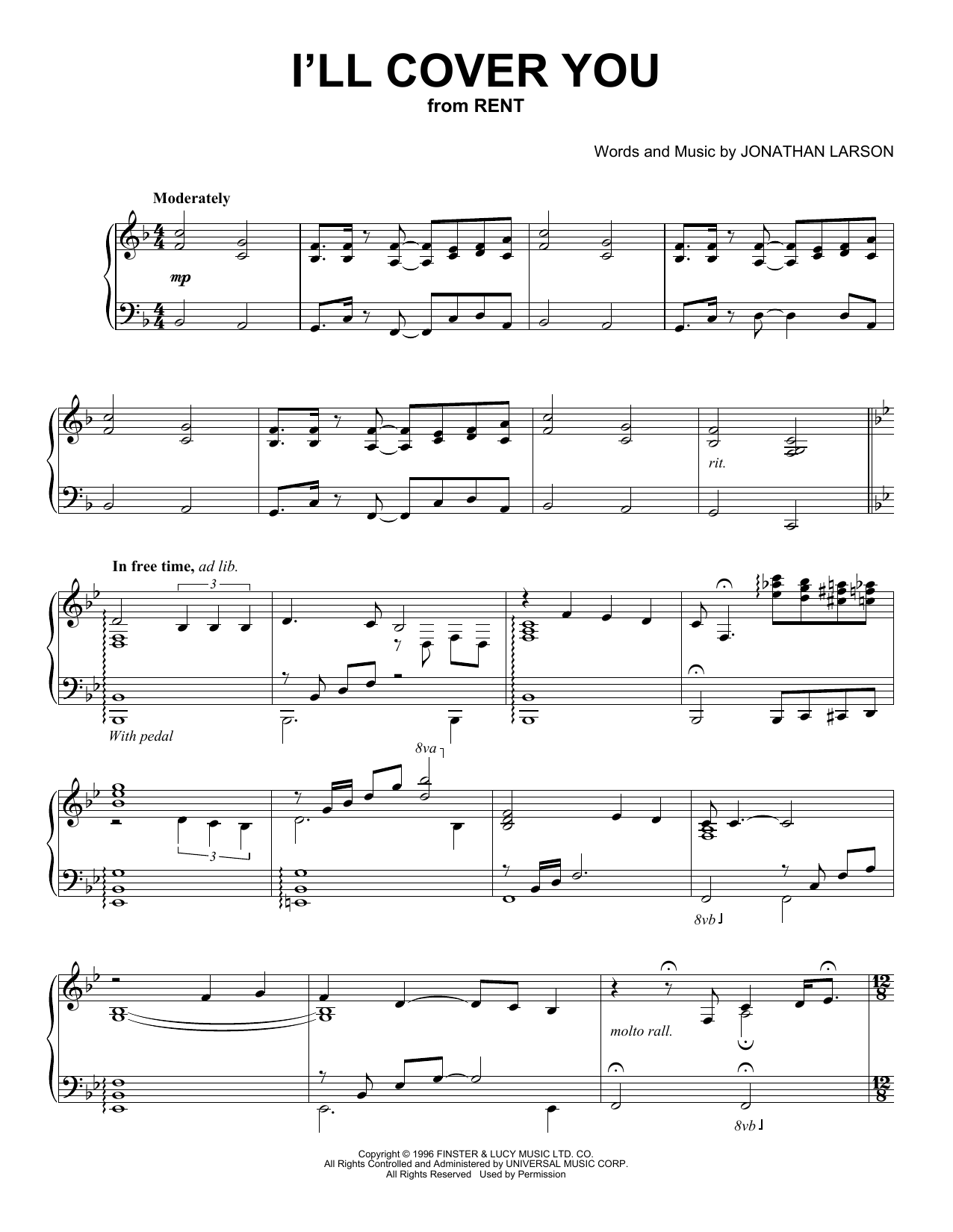 Jonathan Larson I'll Cover You (from Rent) (Peaceful Piano Solo) sheet music notes and chords arranged for Piano Solo