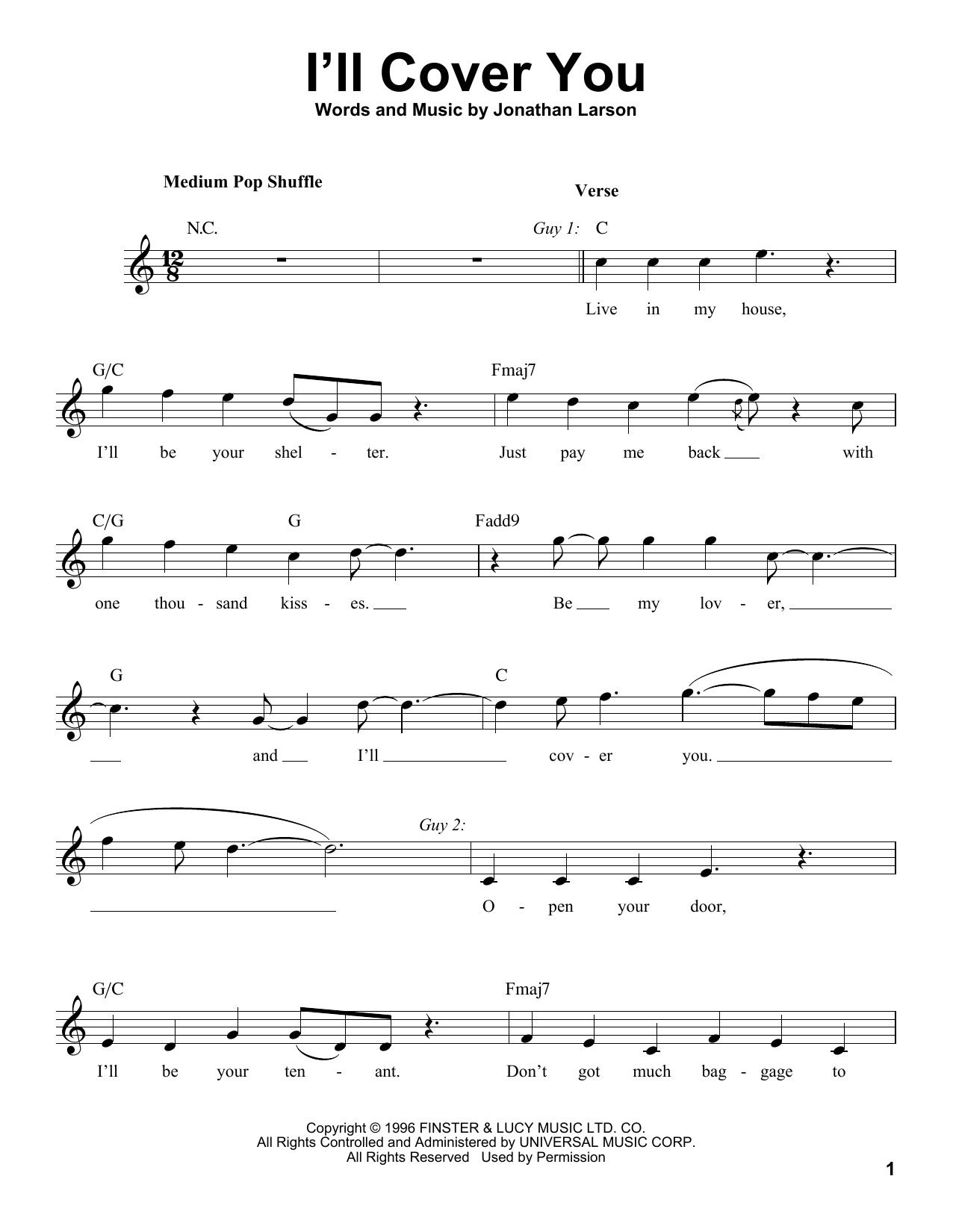 Jonathan Larson I'll Cover You sheet music notes and chords arranged for Pro Vocal