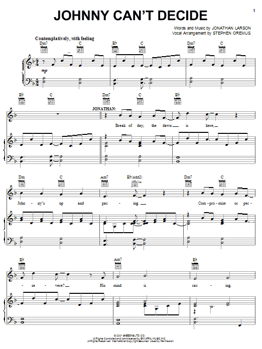 Jonathan Larson Johnny Can't Decide (from tick, tick... BOOM!) sheet music notes and chords arranged for Piano, Vocal & Guitar Chords (Right-Hand Melody)