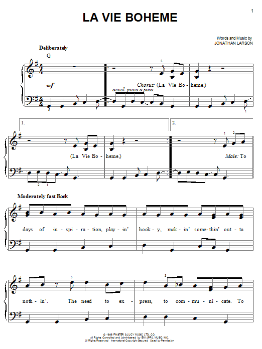 Jonathan Larson La Vie Boheme (from Rent) sheet music notes and chords arranged for Easy Piano