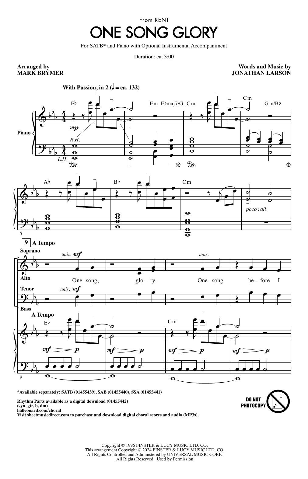 Jonathan Larson One Song Glory (from Rent) (arr. Mark Brymer) sheet music notes and chords arranged for SAB Choir