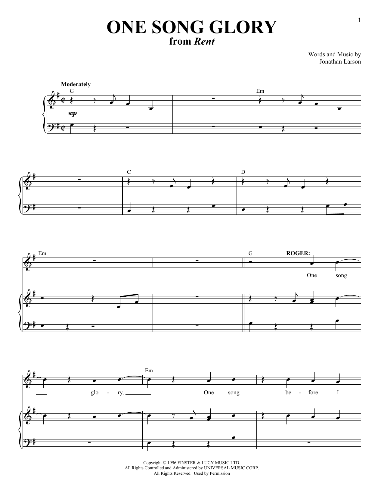 Jonathan Larson One Song Glory sheet music notes and chords arranged for Piano & Vocal