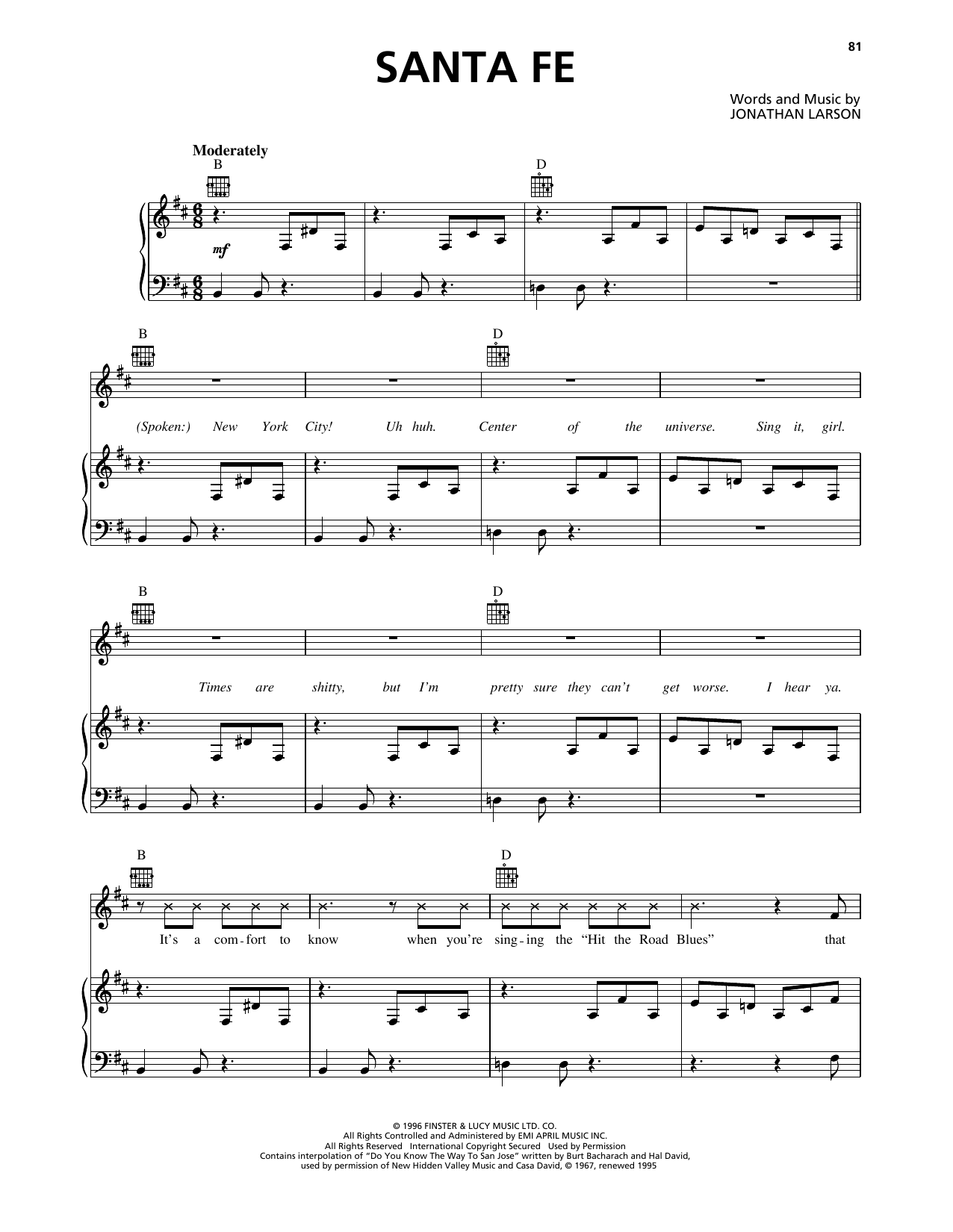 Jonathan Larson Santa Fe (from Rent) sheet music notes and chords arranged for Piano, Vocal & Guitar Chords (Right-Hand Melody)