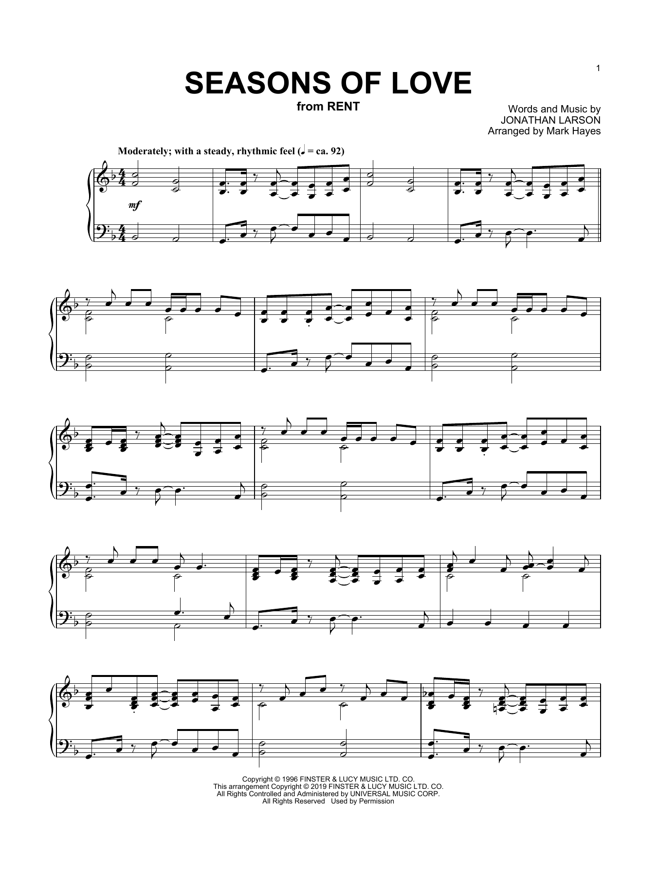 Jonathan Larson Seasons Of Love (from Rent) (arr. Mark Hayes) sheet music notes and chords arranged for Piano Solo