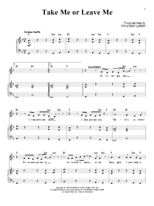 Jonathan Larson Take Me Or Leave Me sheet music notes and chords arranged for Piano, Vocal & Guitar Chords