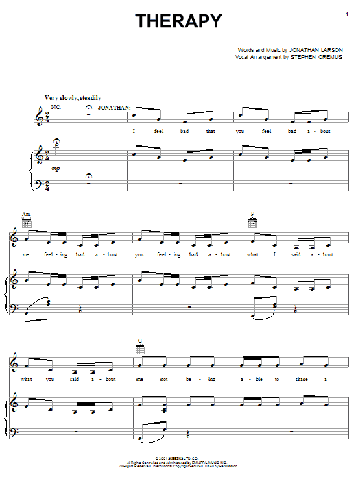 Jonathan Larson Therapy (from tick, tick... BOOM!) sheet music notes and chords arranged for Piano, Vocal & Guitar Chords (Right-Hand Melody)