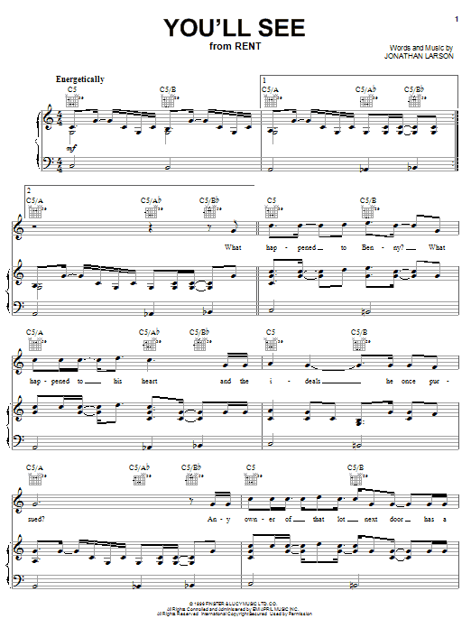Jonathan Larson You'll See sheet music notes and chords arranged for Piano, Vocal & Guitar Chords (Right-Hand Melody)
