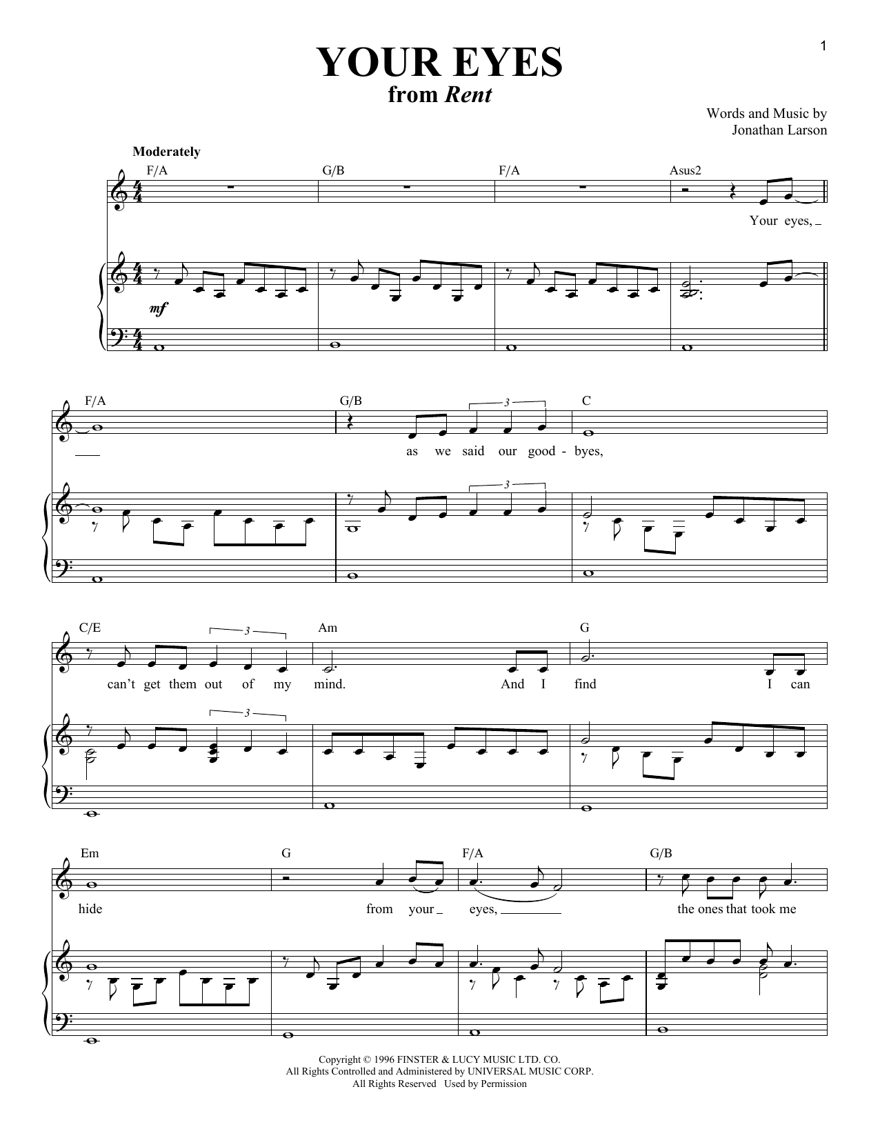 Jonathan Larson Your Eyes sheet music notes and chords arranged for Piano & Vocal