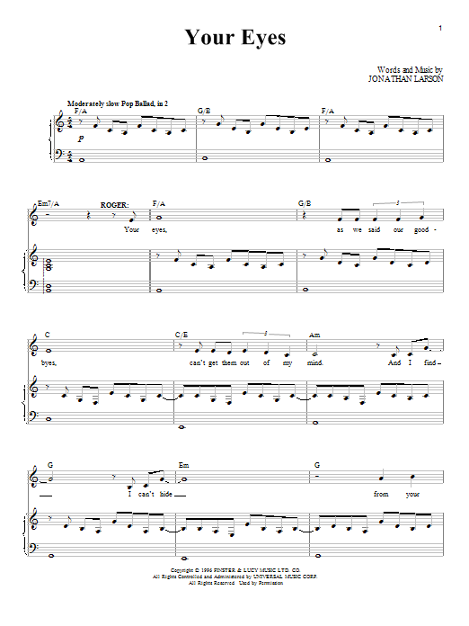 Jonathan Larson Your Eyes sheet music notes and chords arranged for Piano & Vocal
