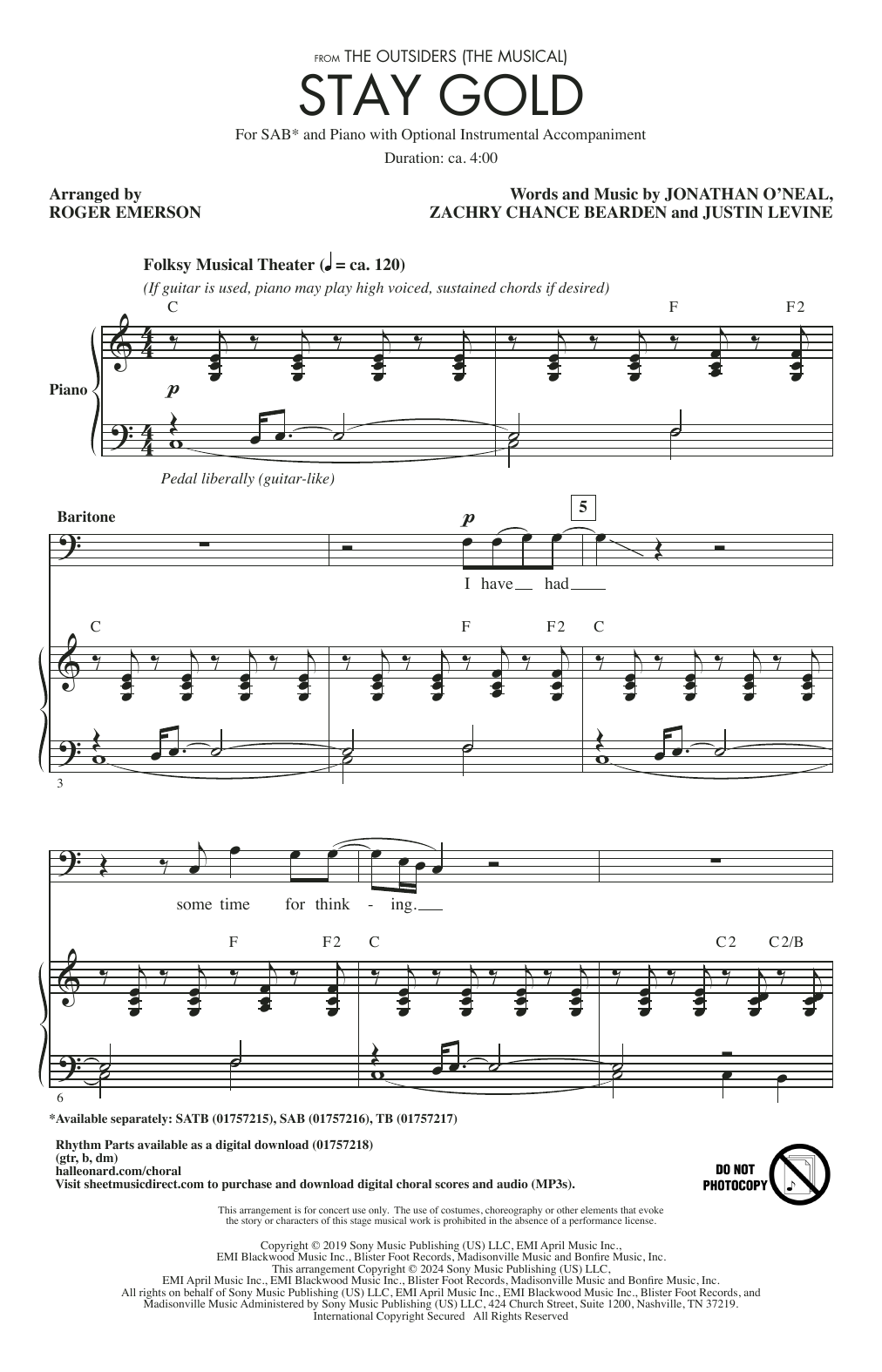 Jonathan O'Neal, Zachry Chance Bearden and Justin Levine Stay Gold (from The Outsiders) (arr. Roger Emerson) sheet music notes and chords arranged for SATB Choir