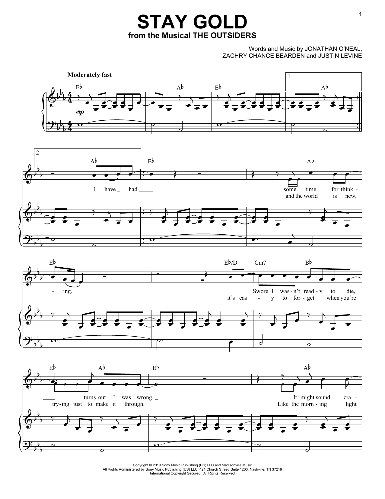 Jonathan O'Neal, Zachry Chance Bearden and Justin Levine Stay Gold (from The Outsiders) sheet music notes and chords arranged for Piano & Vocal