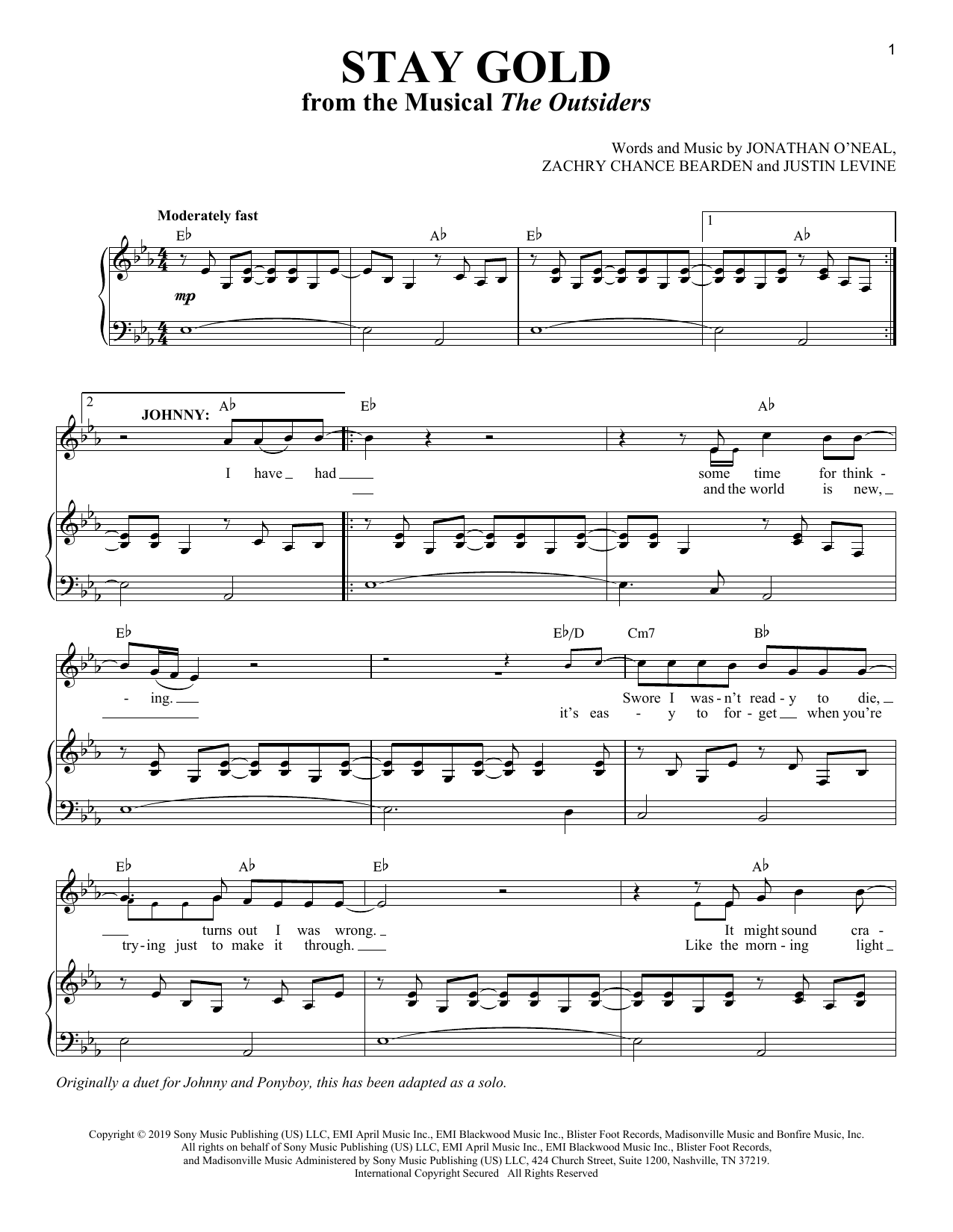 Jonathan O'Neal, Zachry Chance Bearden and Justin Levine Stay Gold (from The Outsiders The Musical) sheet music notes and chords arranged for Piano & Vocal