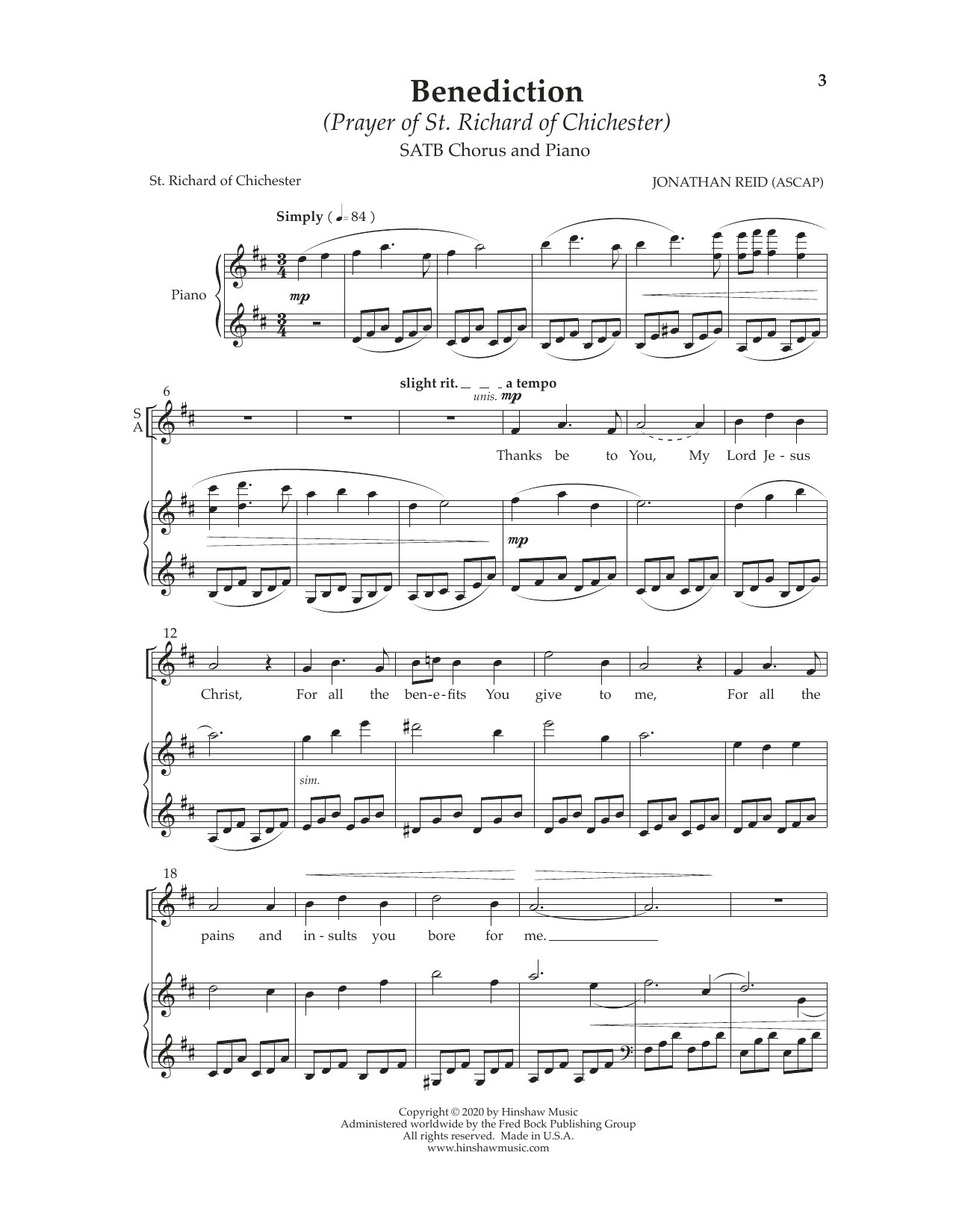 Jonathan Reid Benediction (Prayer of St. Richard of Chichester) sheet music notes and chords arranged for SATB Choir