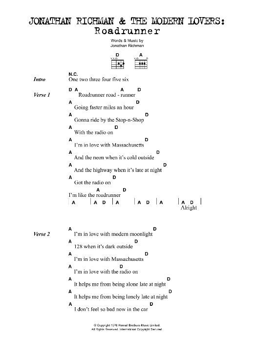 Jonathan Richman Roadrunner sheet music notes and chords arranged for Guitar Chords/Lyrics