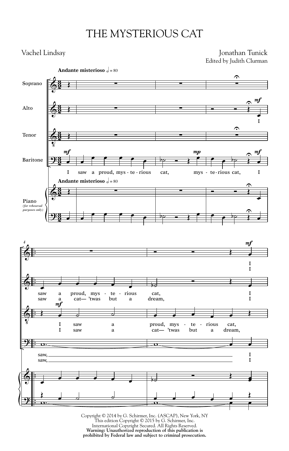 Jonathan Tunick The Mysterious Cat sheet music notes and chords arranged for SATB Choir
