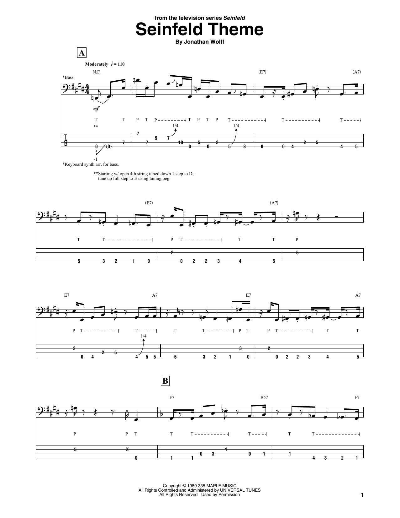 Jonathan Wolff Seinfeld Theme sheet music notes and chords arranged for Bass Guitar Tab