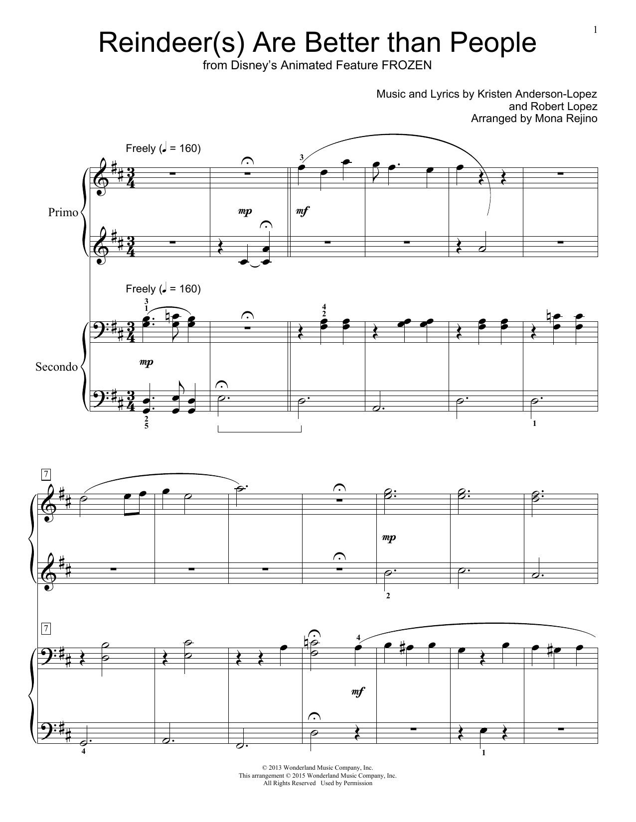 Jonathan Groff Reindeer(s) Are Better Than People (from Disney's Frozen) (arr. Mona Rejino) sheet music notes and chords arranged for Piano Duet
