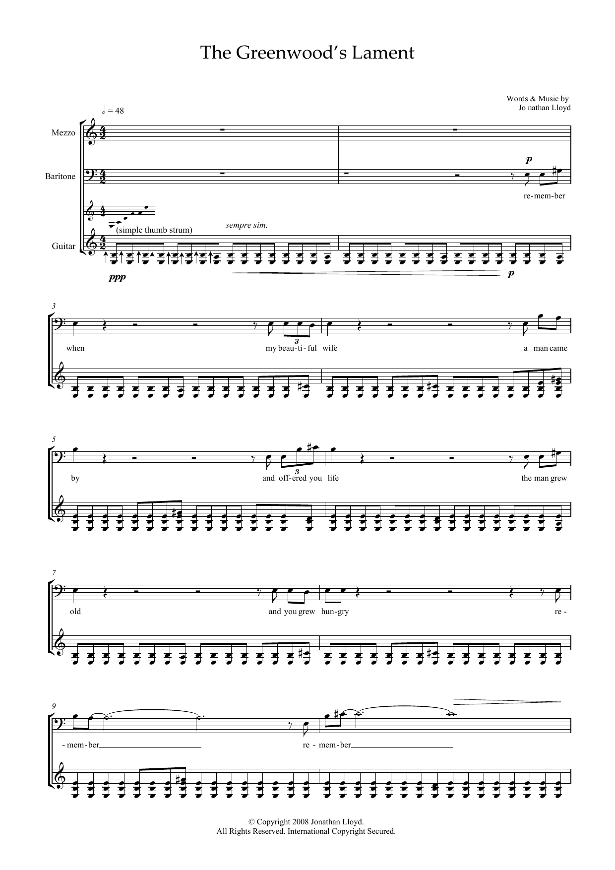 Jonathan Lloyd The Greenwood's Lament (for mezzo-soprano, baritone and guitar) sheet music notes and chords arranged for Piano & Vocal