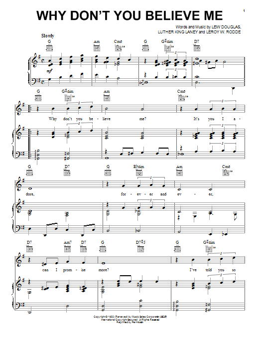 Joni James Why Don't You Believe Me sheet music notes and chords arranged for Piano, Vocal & Guitar Chords (Right-Hand Melody)