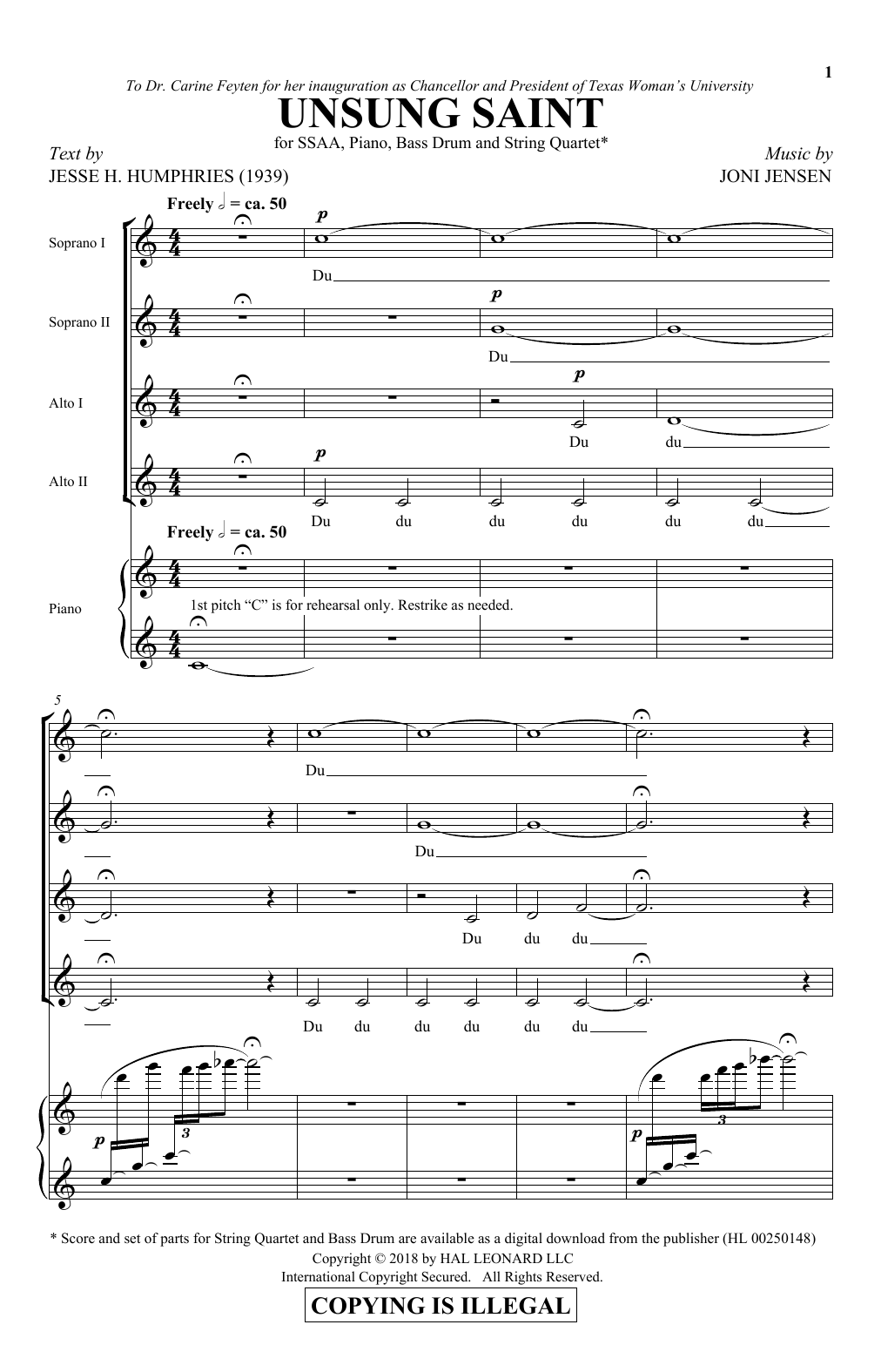 Joni Jensen Unsung Saint sheet music notes and chords arranged for SSAA Choir