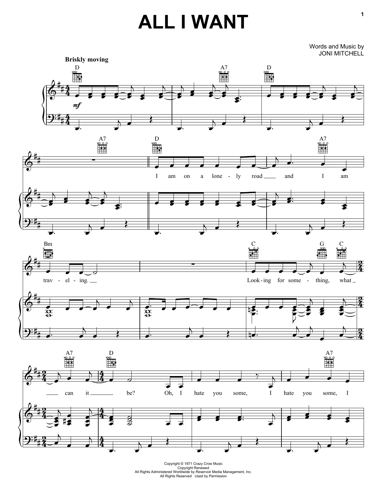 Joni Mitchell All I Want sheet music notes and chords arranged for Piano, Vocal & Guitar Chords (Right-Hand Melody)