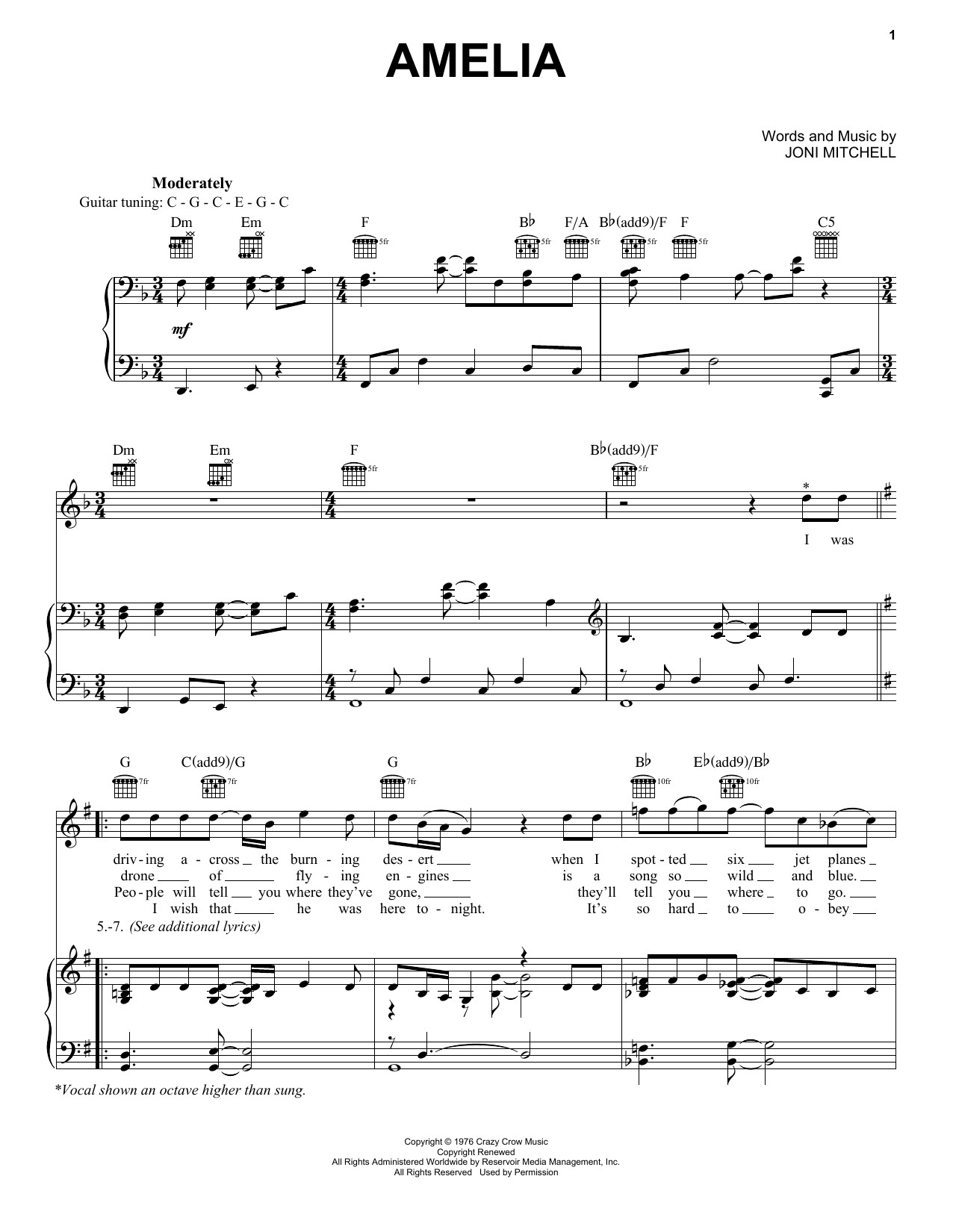 Joni Mitchell Amelia sheet music notes and chords arranged for Piano, Vocal & Guitar Chords (Right-Hand Melody)