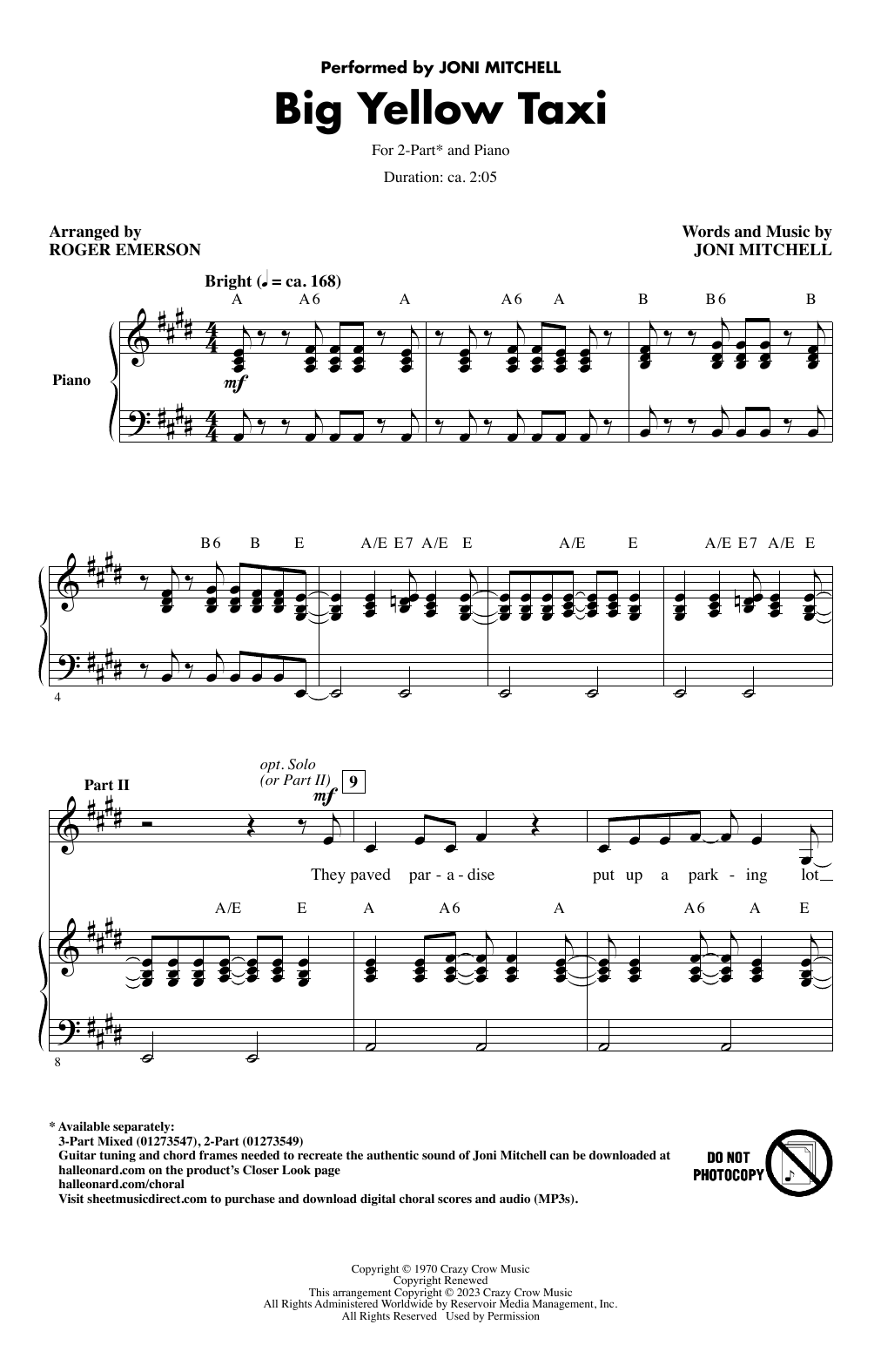 Joni Mitchell Big Yellow Taxi (arr. Roger Emerson) sheet music notes and chords arranged for 3-Part Mixed Choir