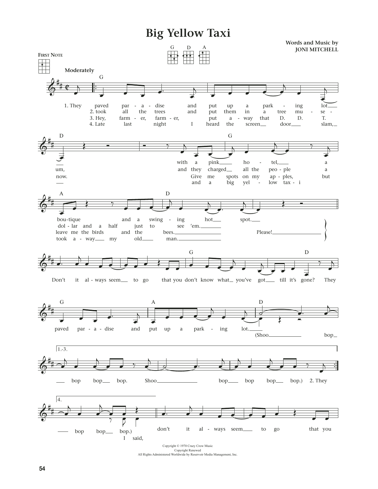 Joni Mitchell Big Yellow Taxi (from The Daily Ukulele) (arr. Jim Beloff) sheet music notes and chords arranged for Ukulele